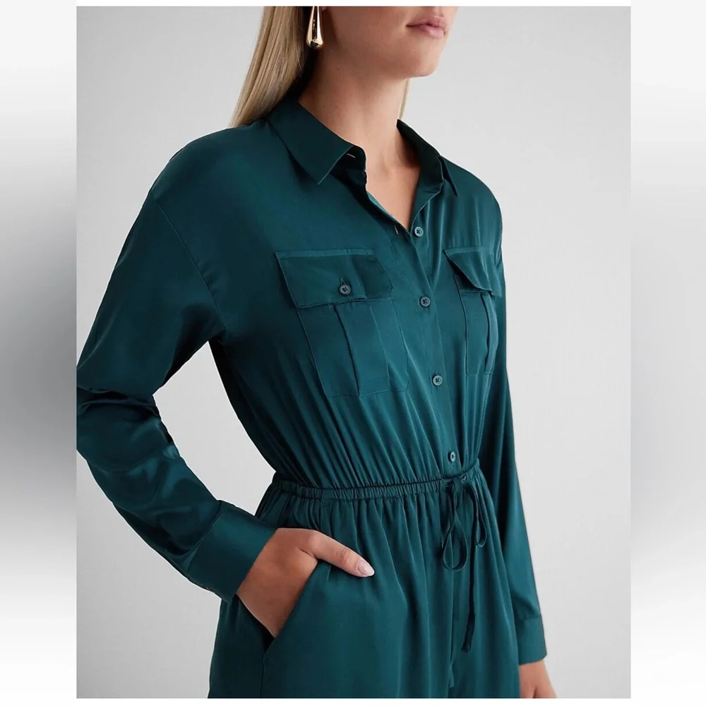 Express Deep Teal Button-Up Jumpsuit XL - Picture 3 of 12